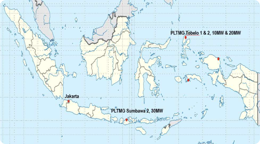 자카트타의 동쪽에 위치한 섬 : PLTMG Sumbawa 2,30MW / 자카르타로부터 북동쪽에 위치한 섬 : PLTMG Tobelo 1&2, 10MW & 20MW