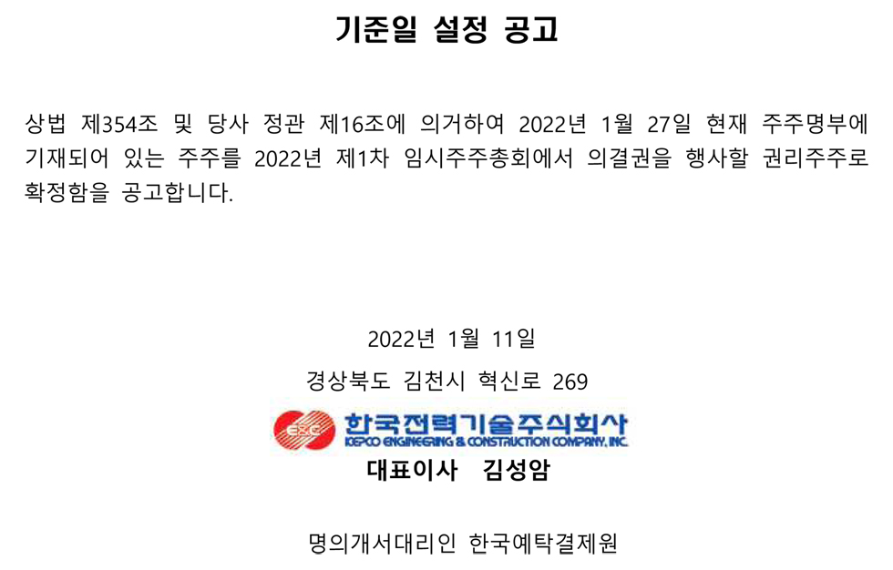 기준일 설정 공고 상법 제354조 및 당사 정관 제16조에 의거하여 2022년 1월 27일 현재 주주명부에 기재되어 있는 주주를 2022년 제1차 임시주주총회에서 의결권을 행사할 권리주주로 확정함을 공고합니다. 2022년 1월 11일 경상북도 김천시 혁신로 269 한국전력기술주식회사 KEPCO ENGINEERING & CONSTRUCTION COMPANY, INC 대표이사 김성암 명의개서대리인 한국예탁결제원